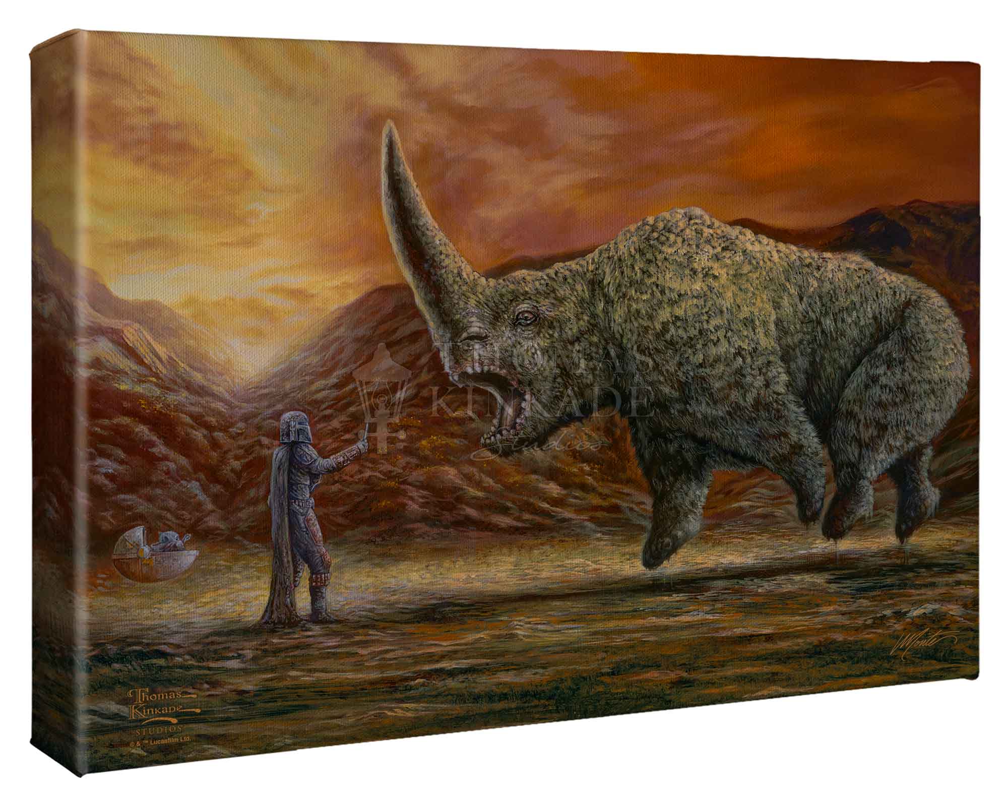 Mando and the Child confronts the Mudhorn beast.  - Gallery Wrap Canvas
