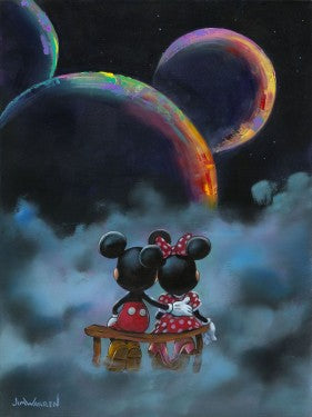 Mickey and Minnie sitting above watching the 3 planets align to form a mouse's head.