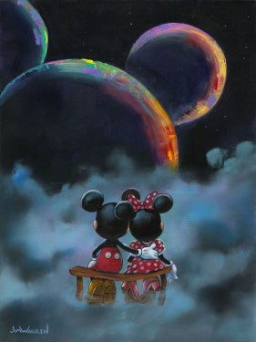 Mickey and Minnie sitting above watching the 3 planets align to form a mouse&