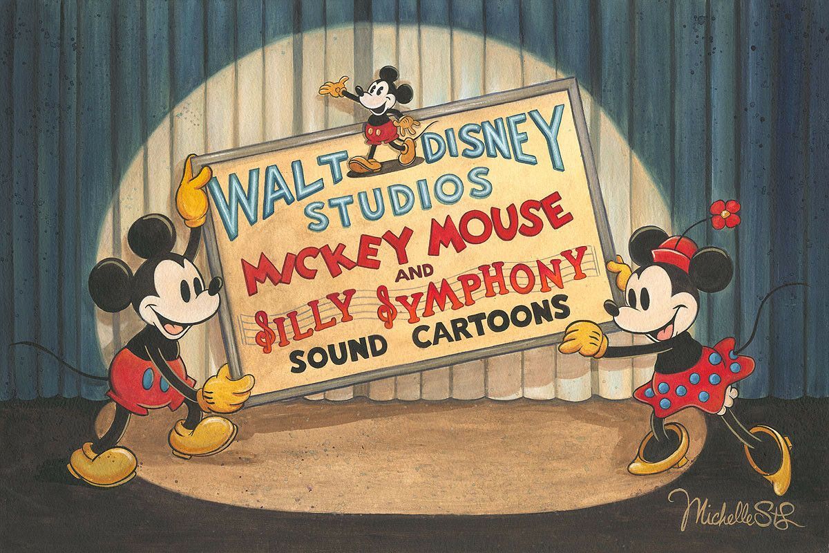 Mickey and Minnie holding up a billboard sign for their opening show.
