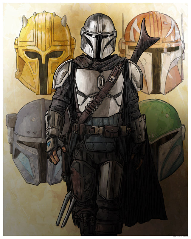 Features the Mandalorian, with the helms of the ages. Paper Print