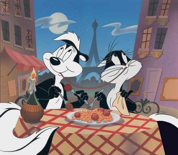 Pepe Le Pew and Penelope are enjoying a romantic spaghetti style Italian dinner, under the moonlight.