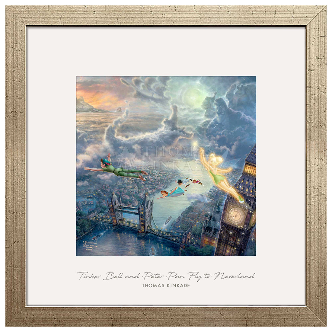 Tinker Bell, Peter Pan along with Wendy, Michael, and John fly over the London Bridge.