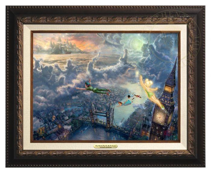 Tinker Bell and Peter Pan Fly to Neverland by Thomas Kinkade Studios.  Tinker Bell, Peter Pan along with Wendy, Michael, and John fly over the London Bridge, the city lights twinkle along the river Thames, as the clouds take shape, as characters from the adventure - Aged Bronze Frame