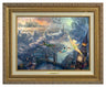 Tinker Bell and Peter Pan Fly to Neverland by Thomas Kinkade Studios.  Tinker Bell, Peter Pan along with Wendy, Michael, and John fly over the London Bridge, the city lights twinkle along the river Thames, as the clouds take shape, as characters from the adventure - Antique Gold Frame