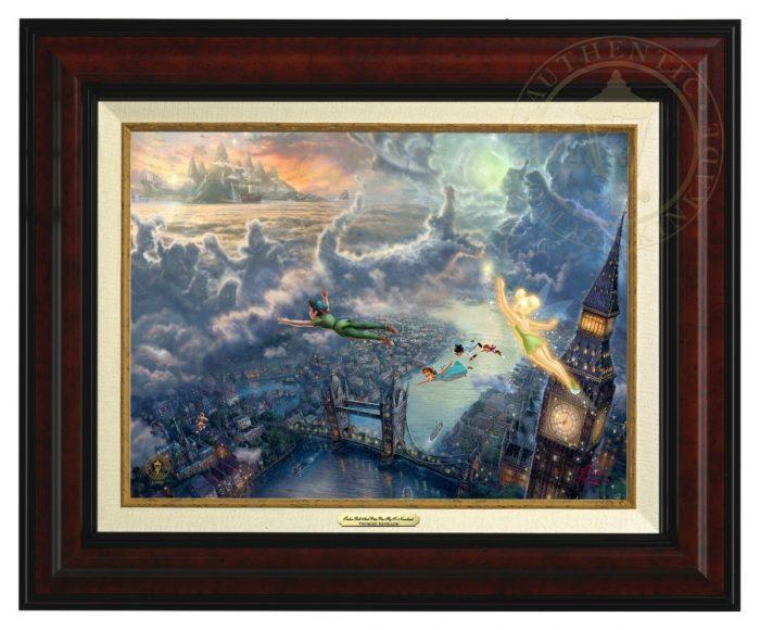 Tinker Bell and Peter Pan Fly to Neverland by Thomas Kinkade Studios.  Tinker Bell, Peter Pan along with Wendy, Michael, and John fly over the London Bridge, the city lights twinkle along the river Thames, as the clouds take shape, as characters from the adventure - Burl Frame