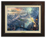 Tinker Bell and Peter Pan Fly to Neverland by Thomas Kinkade Studios.  Tinker Bell, Peter Pan along with Wendy, Michael, and John fly over the London Bridge, the city lights twinkle along the river Thames, as the clouds take shape, as characters from the adventure - Espresso Frame