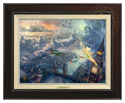 Tinker Bell and Peter Pan Fly to Neverland by Thomas Kinkade Studios.  Tinker Bell, Peter Pan along with Wendy, Michael, and John fly over the London Bridge, the city lights twinkle along the river Thames, as the clouds take shape, as characters from the adventure - Espresso Frame