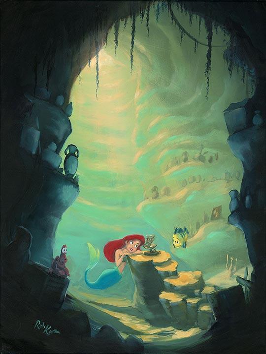 Ariel surrounded by the ocean treasures in the trove with Sebastian and  Flounder 