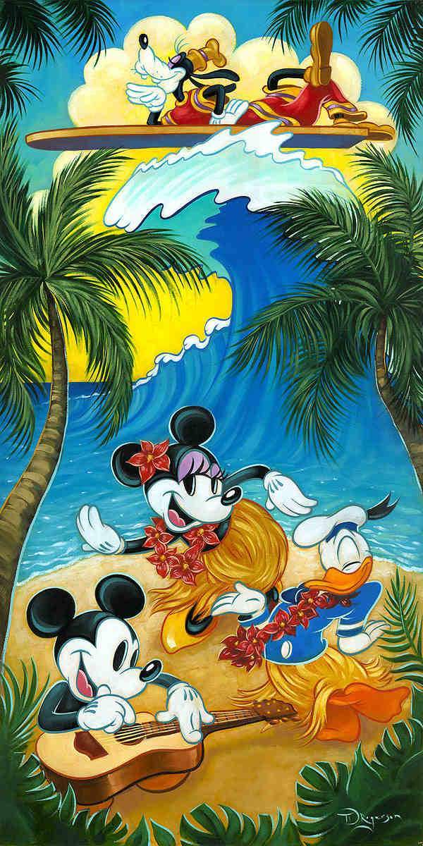 Mickey and friends enjoying a day at the beach, dancing and surfing.