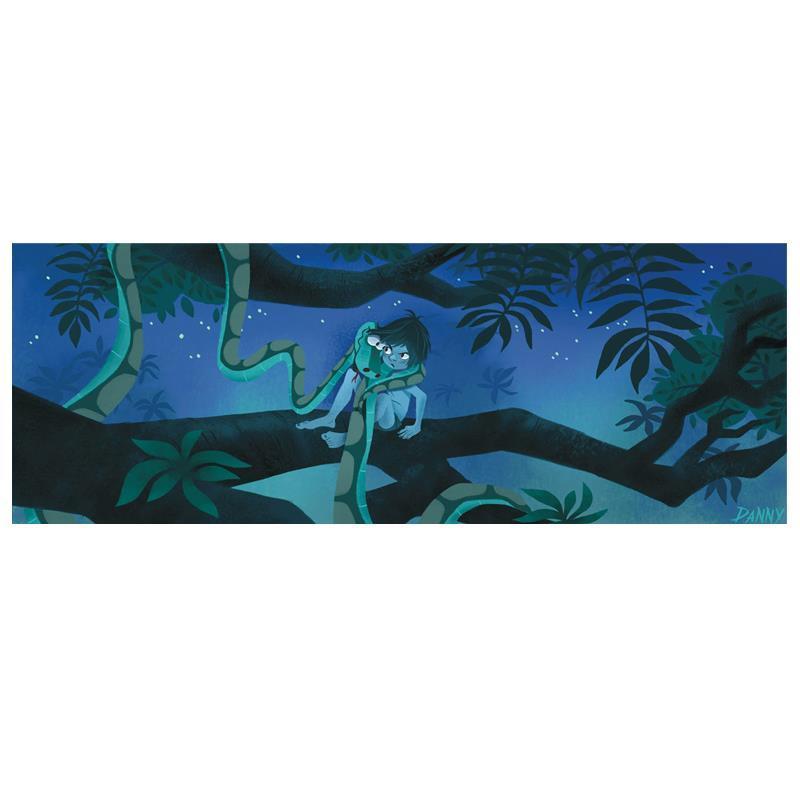Trust Me by Daniel Arriaga.  Mowgli encounters Kaa a python who wraps herself around Mowgli shoulders.