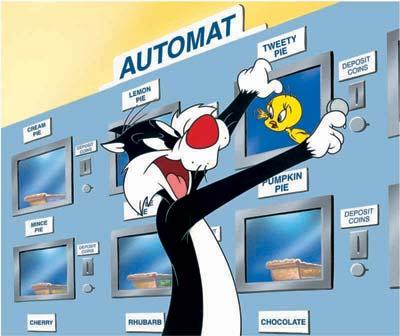 Sylvester invades the Automat and passes the Cream, Pumpkin and Chocolate Pie for a little slice of Tweety “Pie,” 
