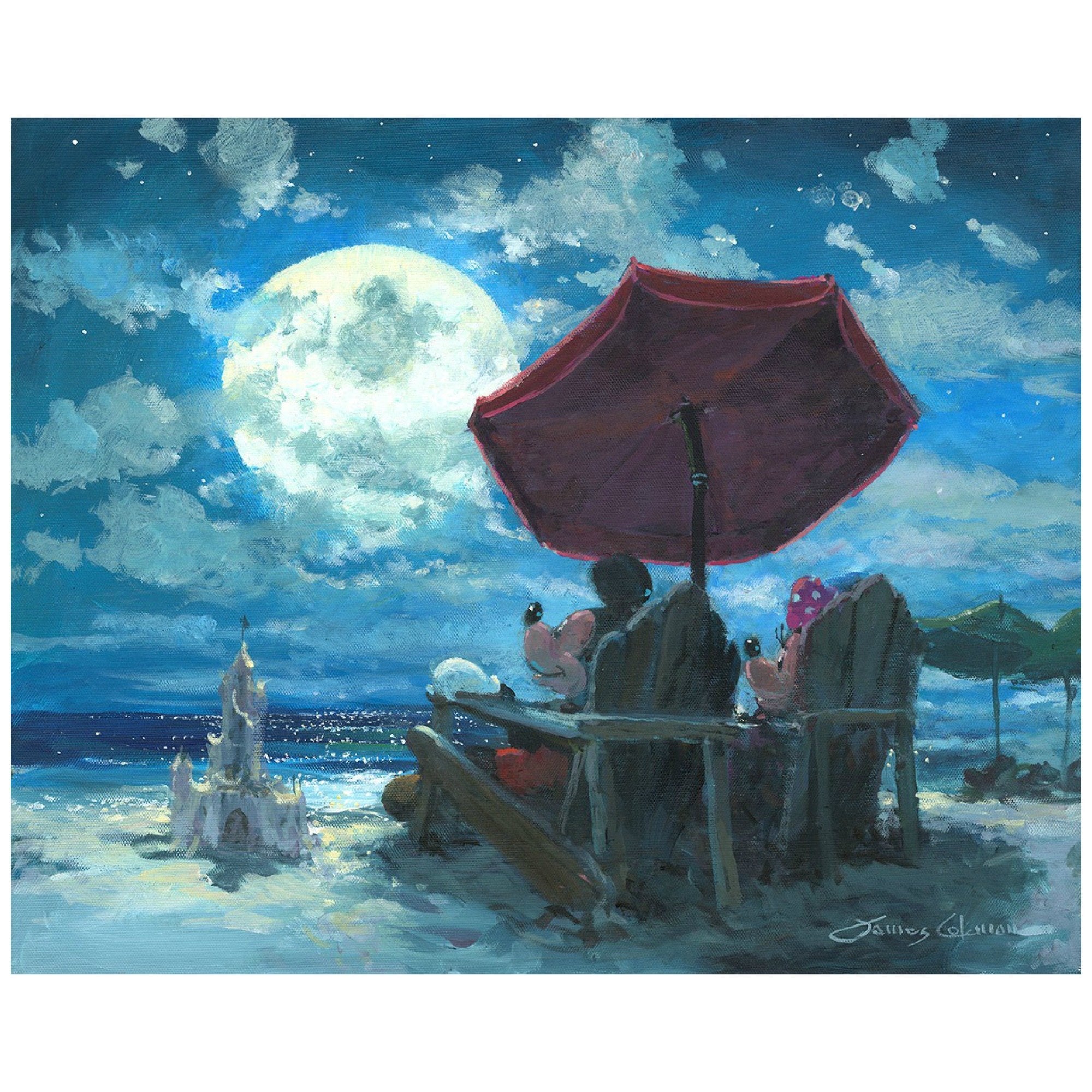 Under the Moonlight by James Coleman   Mickey and Minnie are enjoying the moonlight evening at the beach while relaxing in their favorite on Adirondack chairs under the red umbrella.