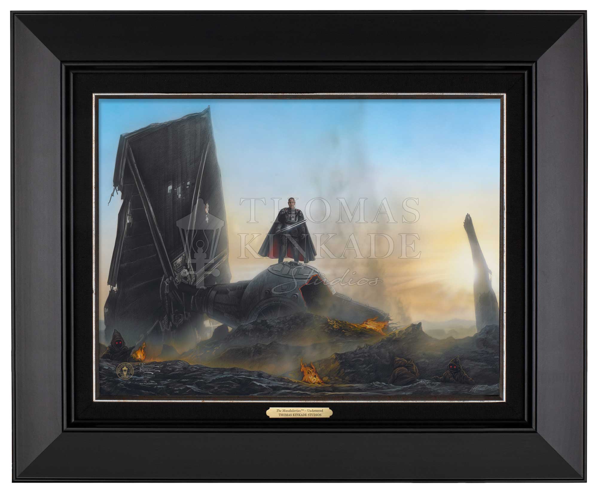 Defiant, Moff Gideon™ rises from the ashes of his crumpled TIE fighter™ which still burns beneath his feet.   Black Frame