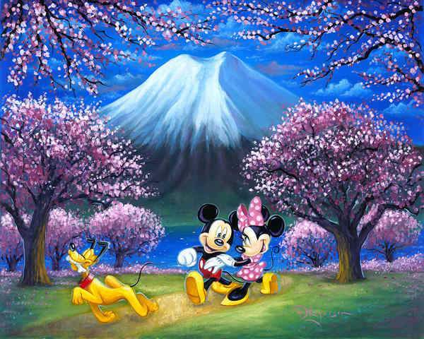 Mickey and Minnie along with Pluto stroll through an orchard of pink cherry blossom trees.