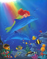 Ariel the little mermaid, dreams as she sleeps on the back of dolphin.