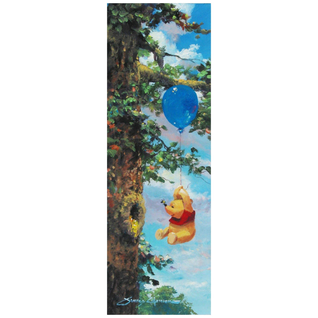 Up in the Air by James Coleman  Winnie the Pooh has figured out how to get to the honey up in the tree...with a blue balloon that takes him up to his favorite food the  "HONEY."