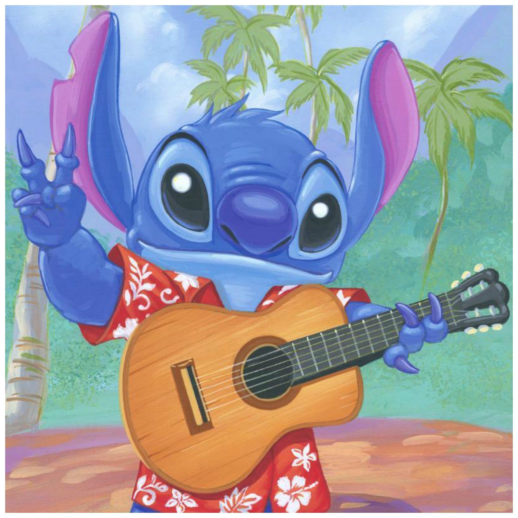 Warm Aloha by Manuel Hernandez.  Stitch sports a red floral hawaiian shirt with a guitar in hand - closeup