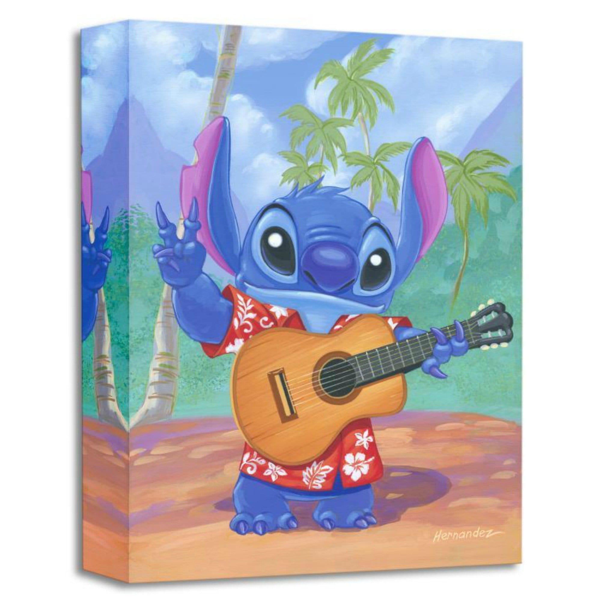 Warm Aloha by Manuel Hernandez.  Stitch sports a red floral hawaiian shirt with a guitar in hand. 