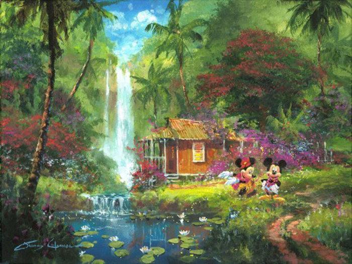 Mickey and Minnie stroll through the lash beautiful tropical green garden of Hawaii. 