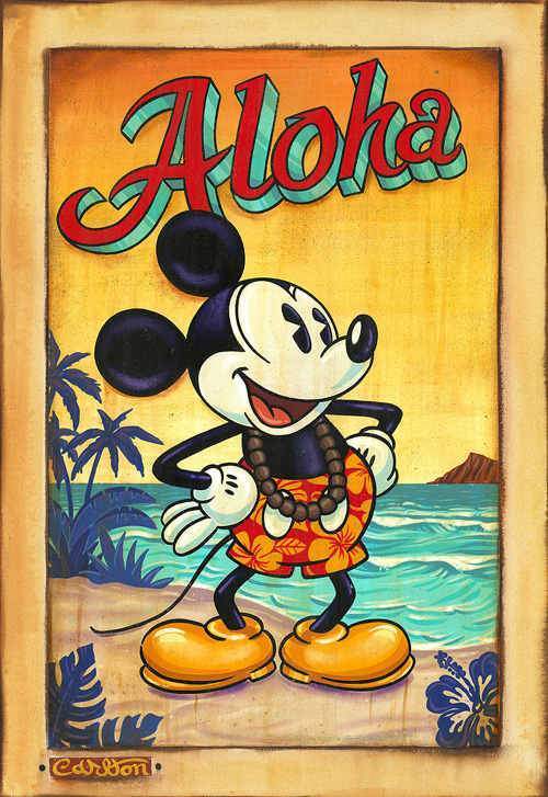 Aloha Mickey pictured in a sepia tone poster.