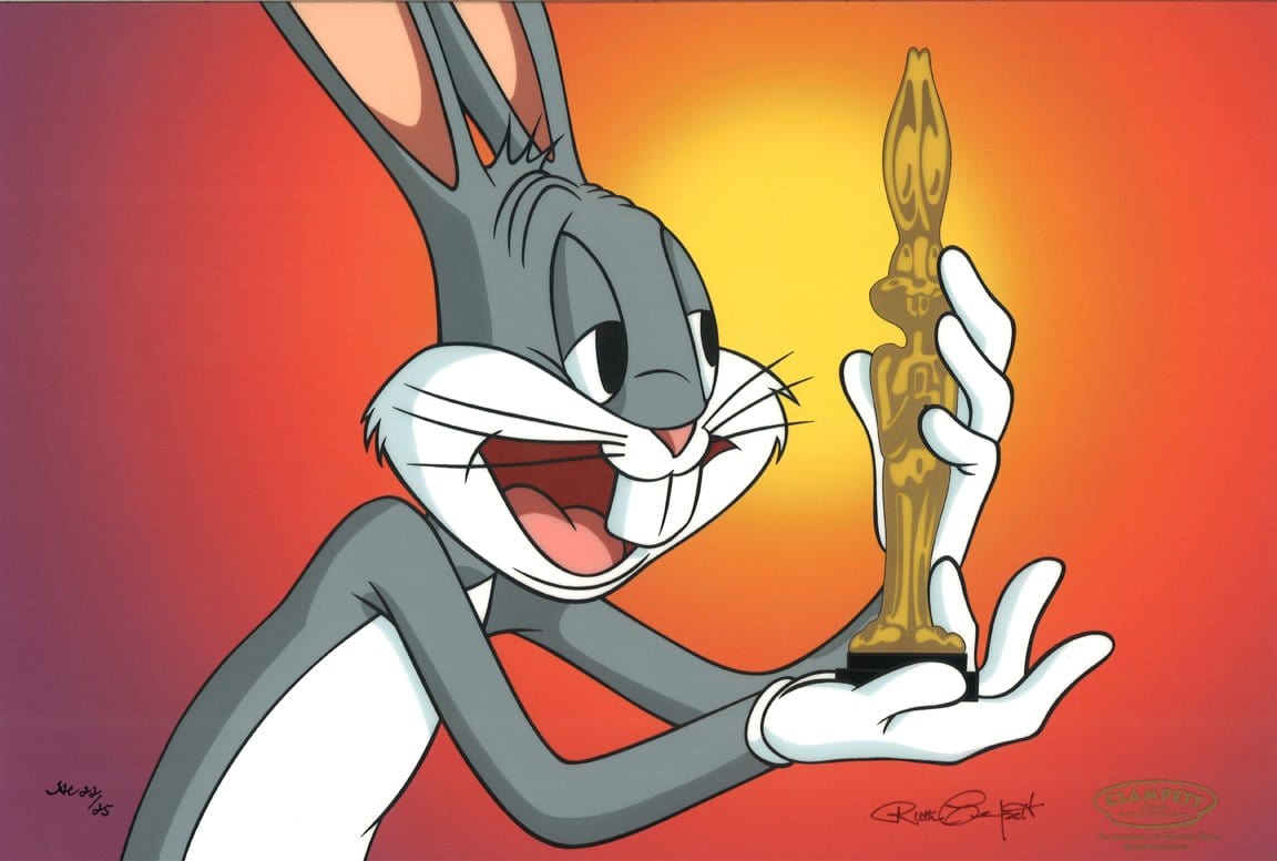 Bugs Bunny holding an Academy Award for best actor