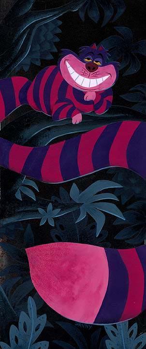 The hot pink and black stripe Cheshire Cat sitting up on a tree limb,