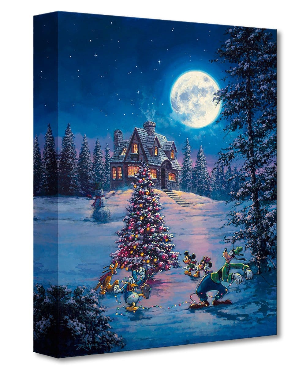 Gallery Wrap - The Gang of Five - Mickey, Minnie, Daisy, Donald Duck and Goofy are out hanging holiday light on the Christmas trees under the full winter moon.