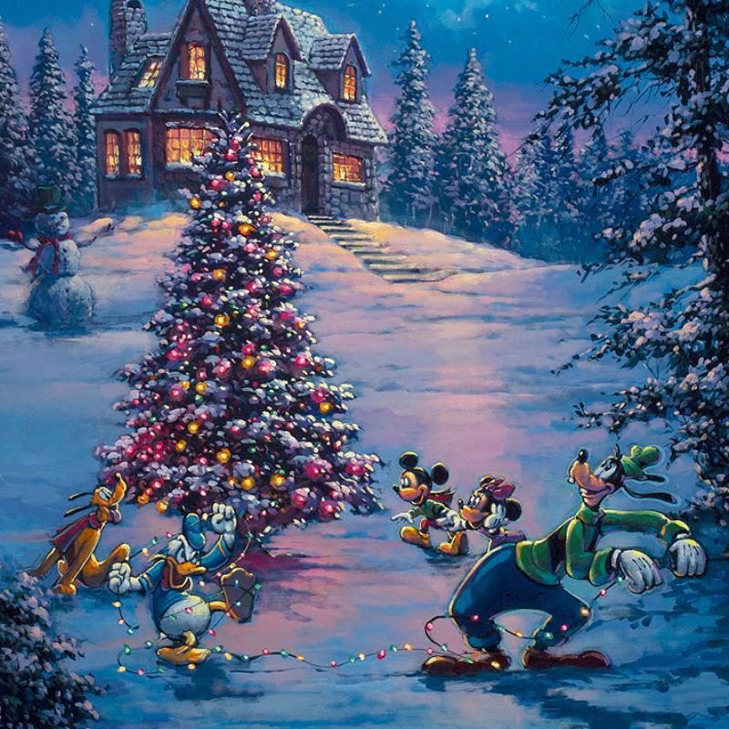  Donald Duck and Goofy are trying to string up the Christmas lights around the tree, while Mickey and Minnie play Pluto on a winter night.