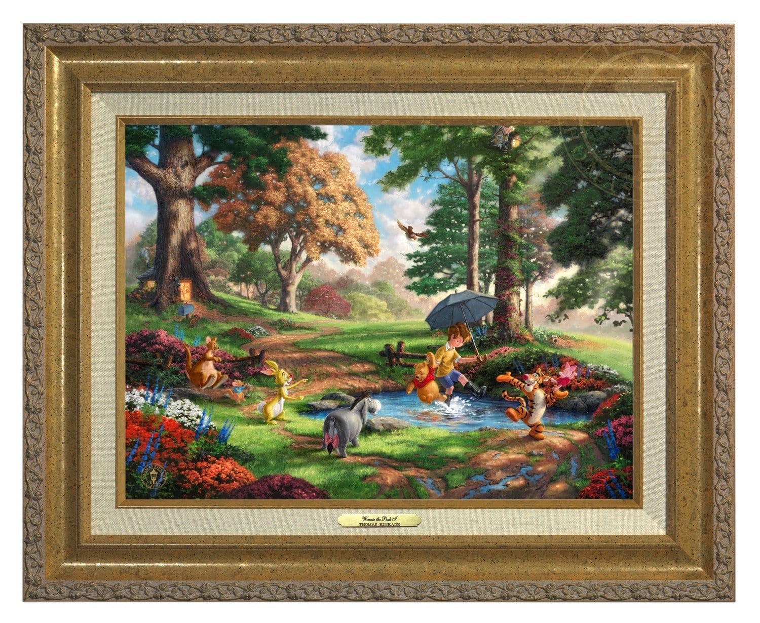 Christopher Robin, Winnie the Pooh and the delightful menagerie of friends as they all adventured in the Hundred Acre Wood  - Antique Gold Frame