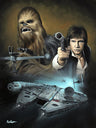 Portrait featuring Han Solo, Chewbacca and the Millennium Falcon.  
