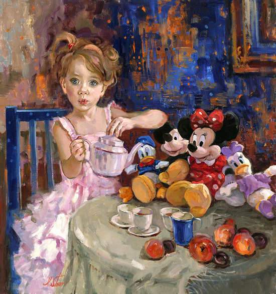 A little girl serving tea to her stuffed friends, Mickey and Minnie.
