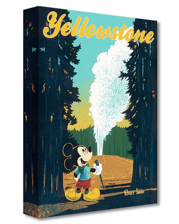 Yellowstone by Bret Iwan.  Mickey, taking a stroll through Yellowstone Park's giant Redwood Forest, experiencing the Marvel at a volcano’s hidden power rising up in colorful hot springs, mud pots, and geysers.
