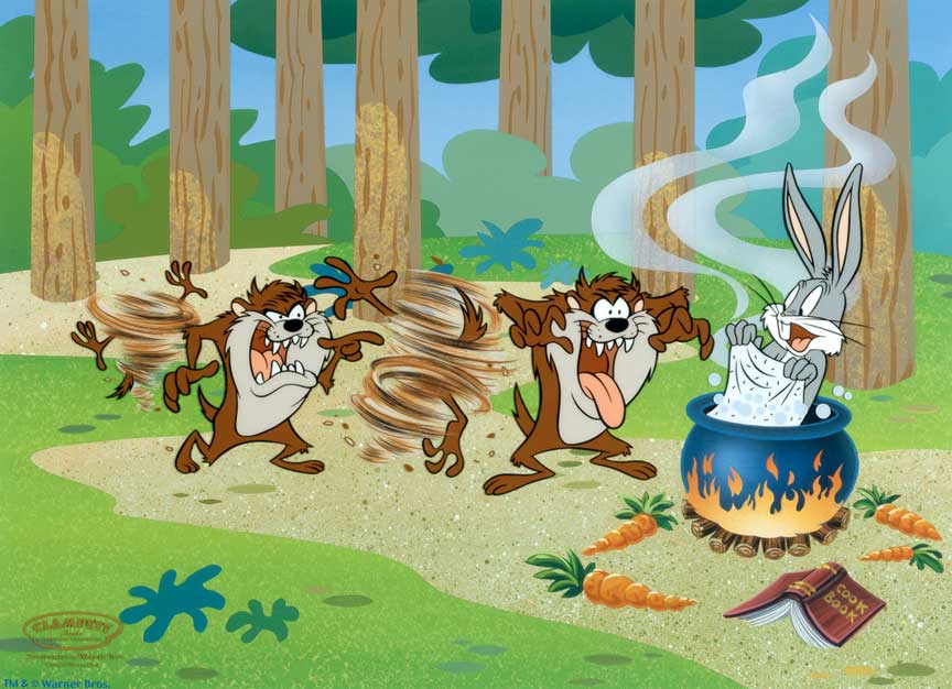 Taz the Tasmanian Devil sneaks up on Bugs Bunny as he baths in a pot.