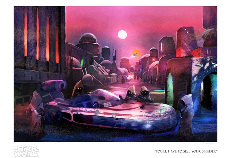 Features the Landspeeder surrounded by small aliens, - Paper